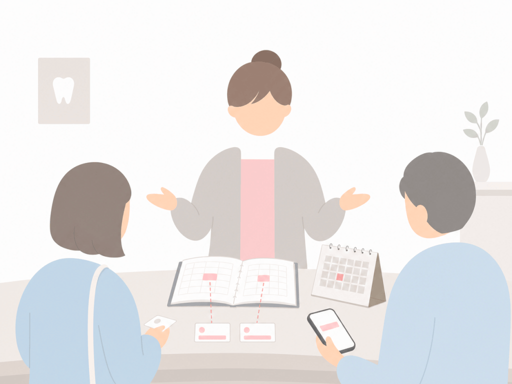検診ハガキを受け取ったが電話予約が面倒に感じる患者のイラスト